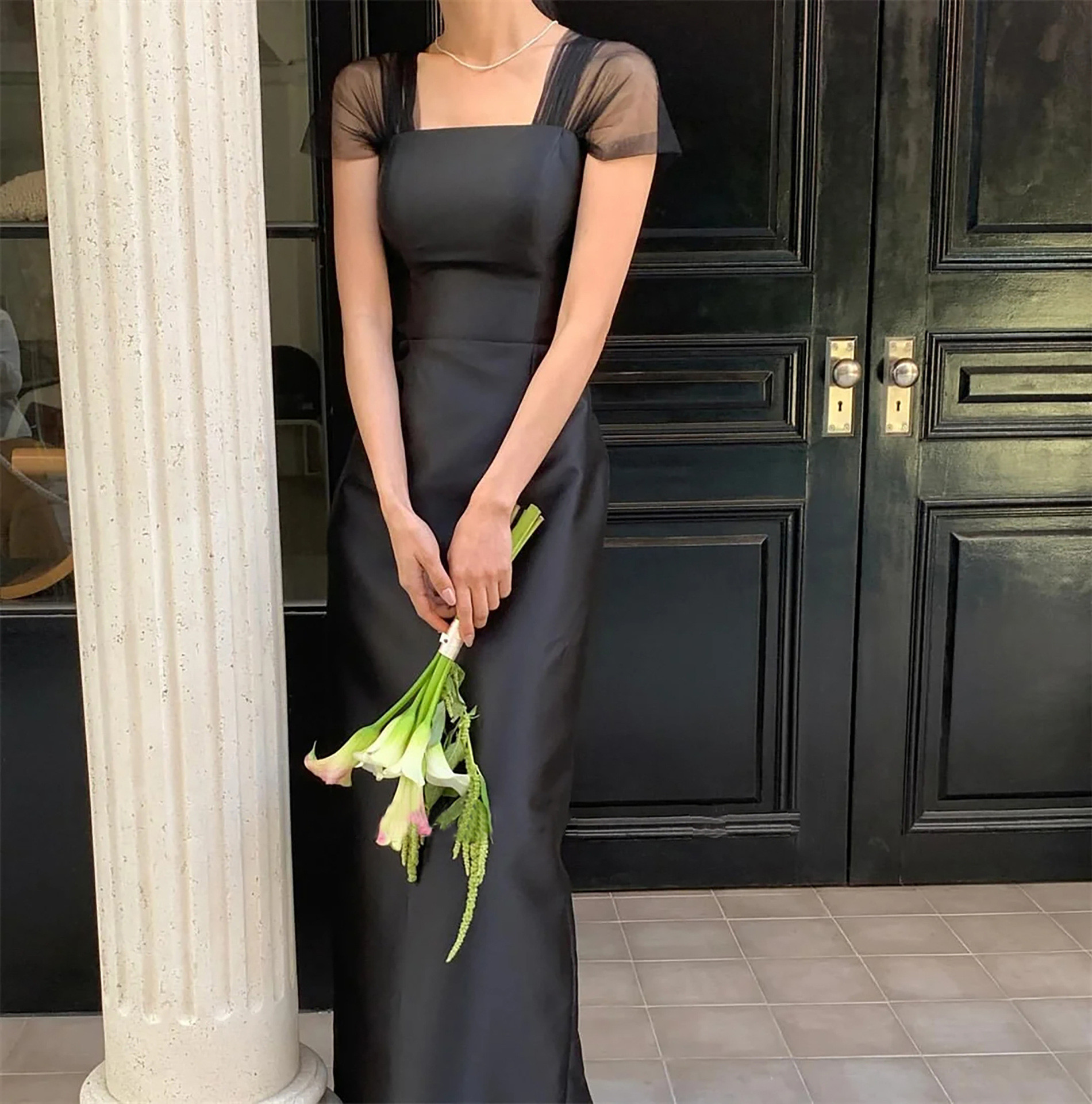 高級感 黒 サテン オフショルダー パーティードレス シンプル 韓国風 花嫁 披露宴 前撮り HL1171 8,371円