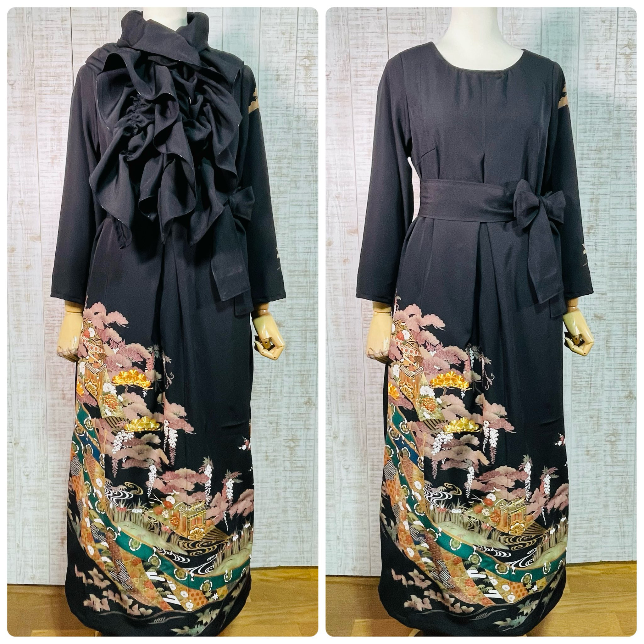 花いっぱい御所車柄刺繍黒留袖ワンピースＬ～ＬＬ＆ギャザーストール