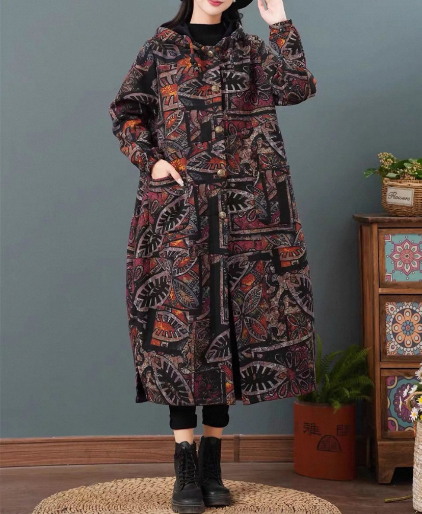 春秋の新作、花柄、裹起毛 、受注製作 、ワンピース、長袖、冬、ゆったり