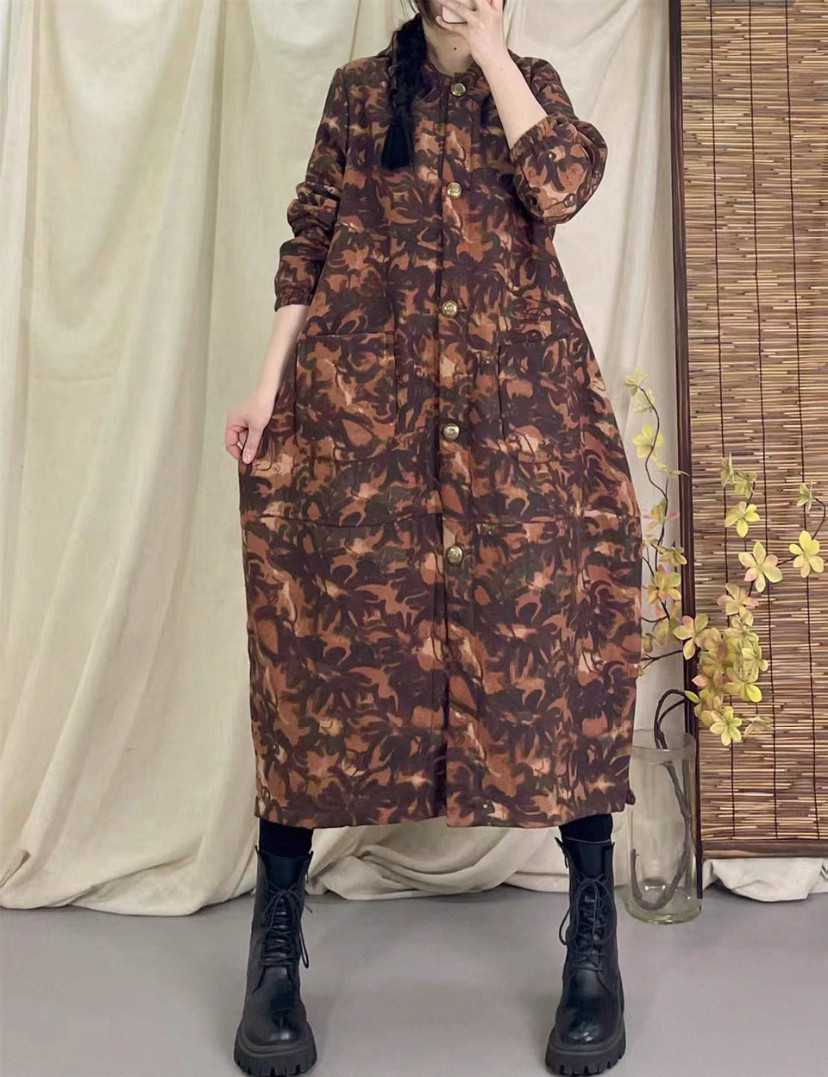 春秋の新作、花柄、裹起毛 、受注製作 、ワンピース、長袖、冬、ゆったり