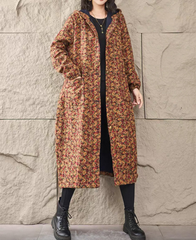 春秋の新作、花柄、裹起毛 、受注製作 、ワンピース、長袖、冬、ゆったり