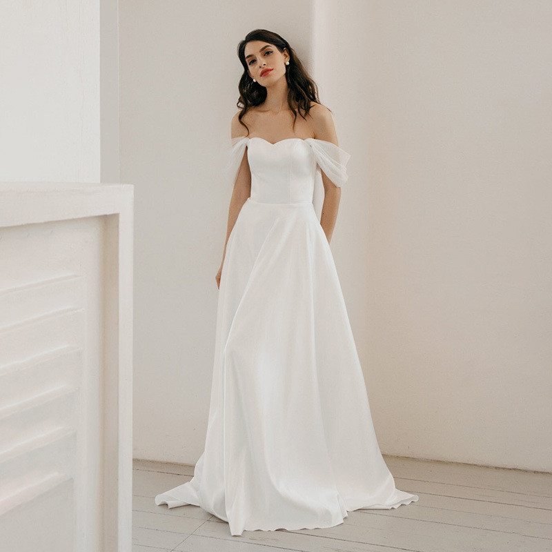 高級感 白 サテン オフショルダー ウェディングドレス シンプル 韓国風 花嫁 パーティー 披露宴 前撮り HL1184