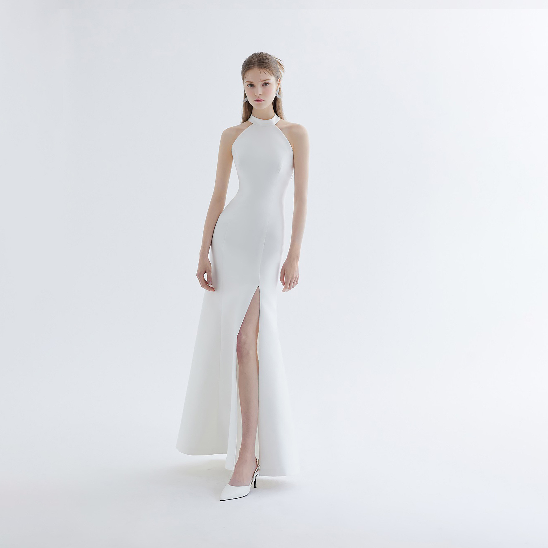 高級感 白 サテン ノースリーブ スリム パーティードレス シンプル 韓国風 パーティー 披露宴 前撮り HL1189