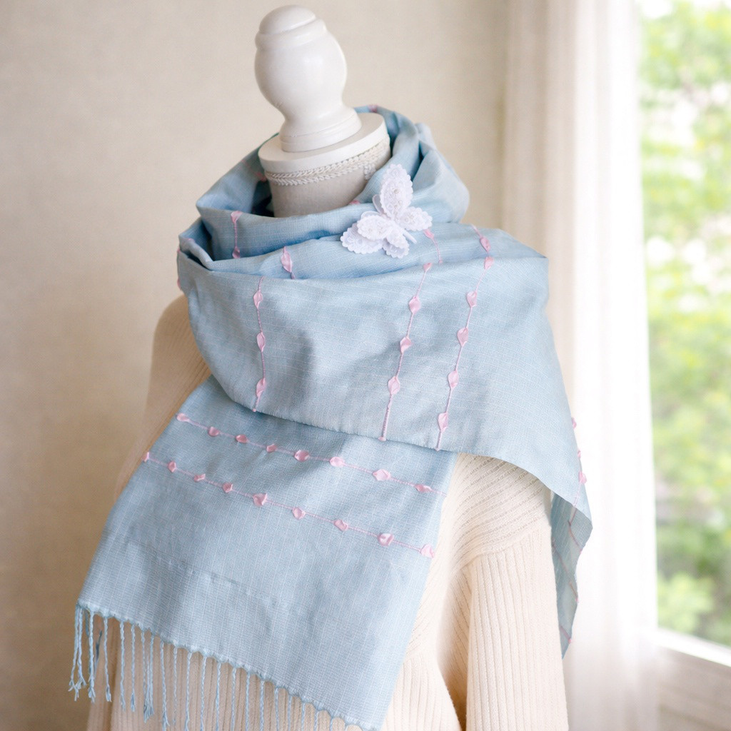 ＊受注制作＊　手織りのシルクストール　春の空 舞い上がる桜