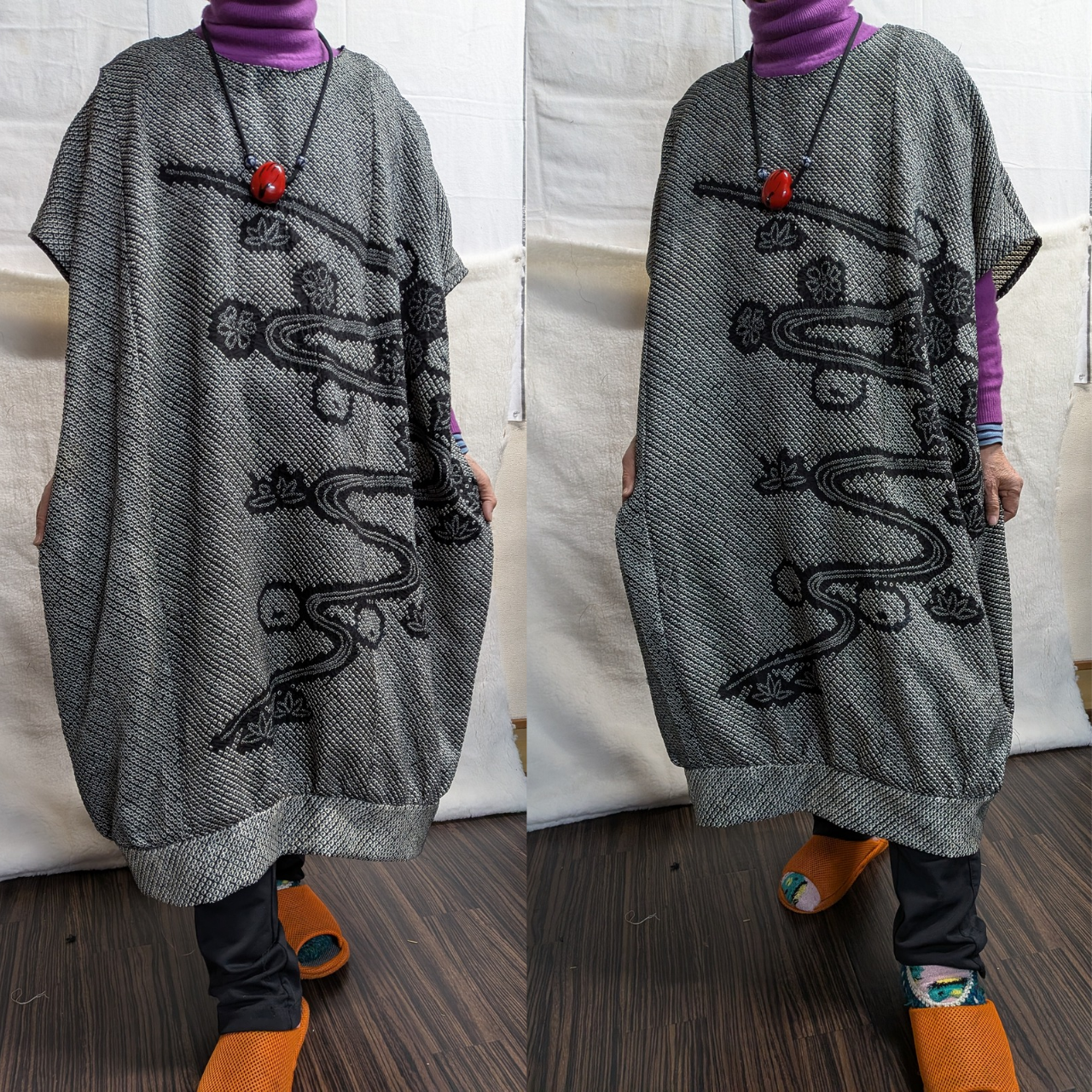 総絞り（黒）の裾バルーンチュニック　　　着物リメイク