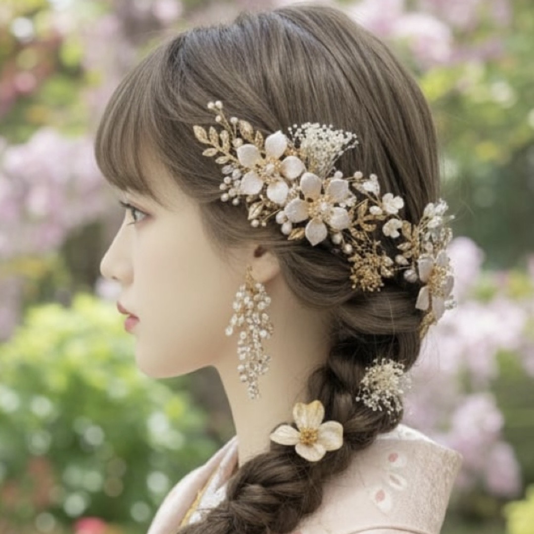 A529 ドライフラワー　髪飾り　ピンクゴールド　卒業式　袴　成人式　振袖　結婚式　和装