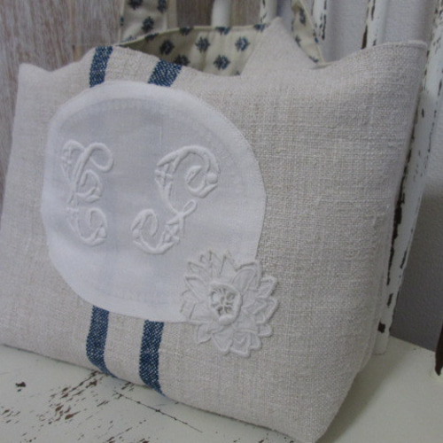 アンティークホームスパンハンガリアングレインサックリネンイニシャル