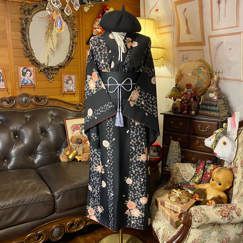 着物リメイク ワンピース ドレス ロング 洗える 化繊 帯 和洋折衷 漆黒