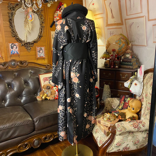 着物リメイク ワンピース ドレス ロング 洗える 化繊 帯 和洋折衷 漆黒