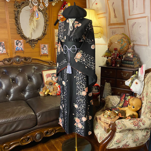 着物リメイクワンピース3475 着物リメイク ワンピース ドレス ロング 洗える 化繊 帯 和洋折衷 漆黒