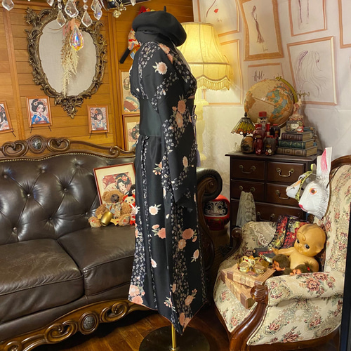 着物リメイク ワンピース ドレス ロング 洗える 化繊 帯 和洋折衷 漆黒