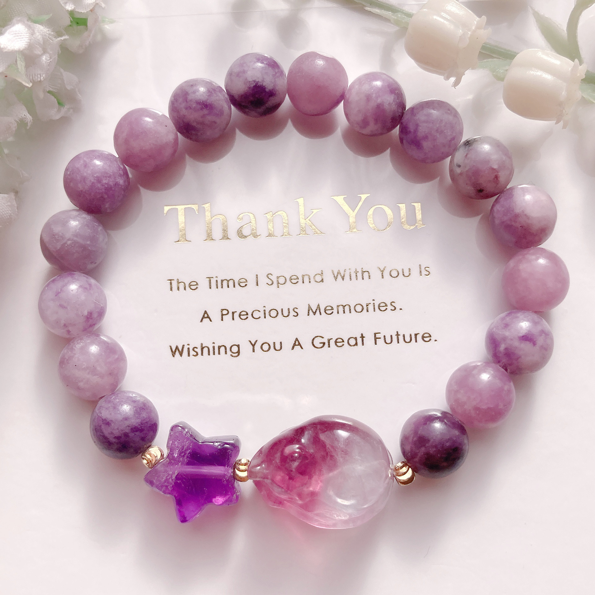 フローライト猫ちゃんお星様レピドライト天然石ブレスレット