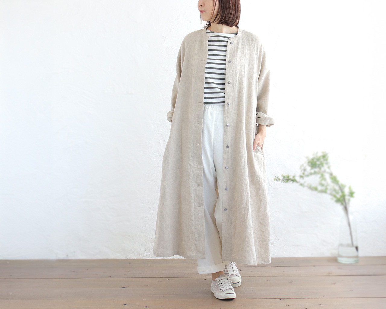 大人の日常を彩る上質リネン ✦ 2wayシャツワンピース 心地よく纏う「桐七炊き」の羽織り（生成り）OP48