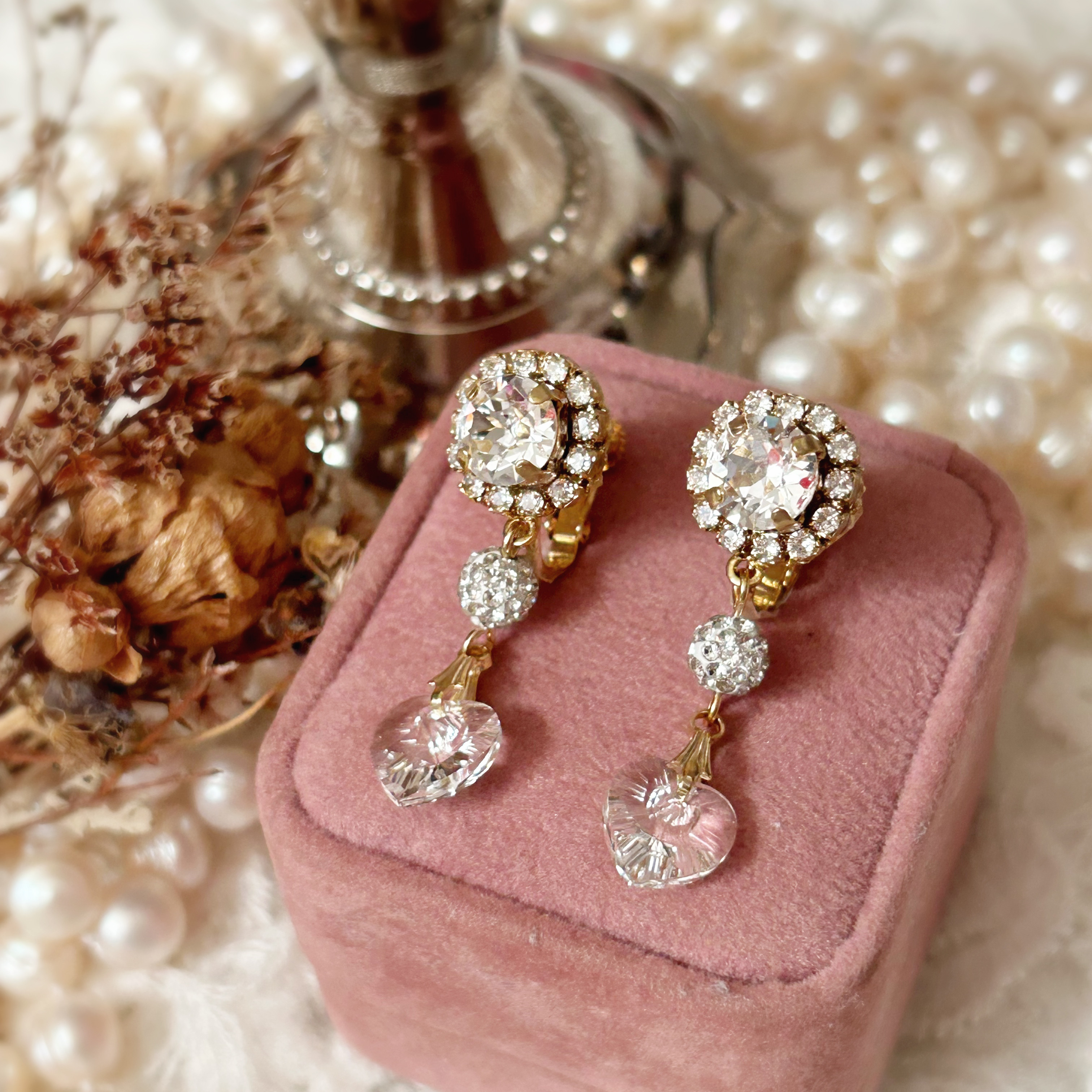 4月誕生石クリスタル･ハートイヤリング【上品･春夏･水晶･スワロフスキー】{RPG-1026er(クリスタル)｝