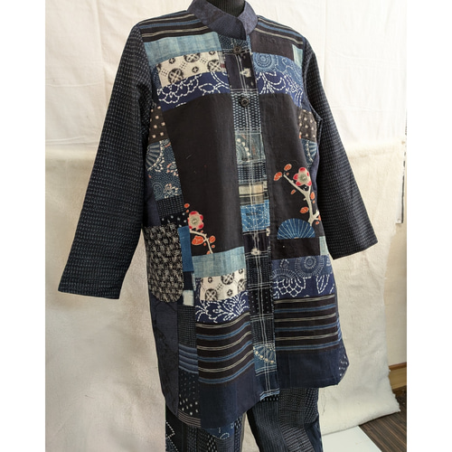 絣や古布色々と結城紬のリバーシブルコート 古布リメイク コート 着物