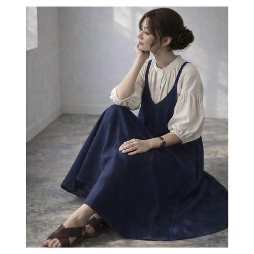 岡山児島デニムで仕立てた、美シルエットAラインデニムエプロンドレス