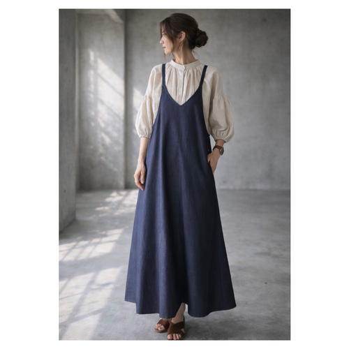 岡山児島デニムで仕立てた、美シルエットAラインデニムエプロンドレス