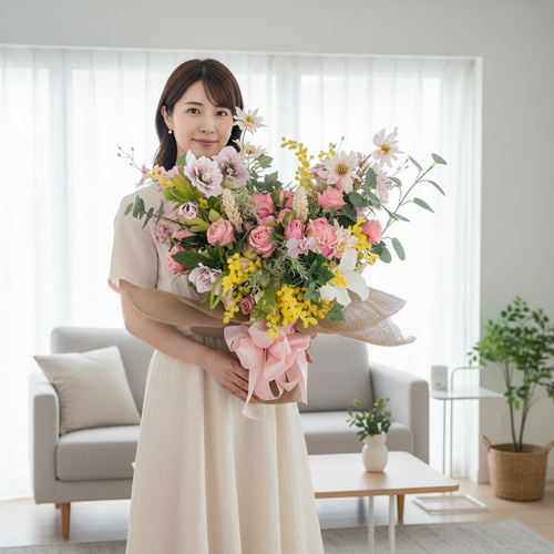春を束ねた飾る花束ブーケ｜ミモザ・クリスマスローズ・薔薇 光触媒