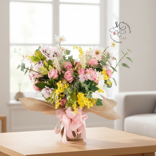 春を束ねた飾る花束ブーケ｜ミモザ・クリスマスローズ・薔薇 光触媒