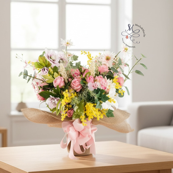 春を束ねた飾る花束ブーケ｜ミモザ・クリスマスローズ・薔薇 光触媒