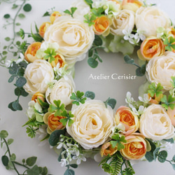 【早割】☆ラナンキュラス リース＜アーティフィシャルフラワー＞クリーム イエロー 30センチ 2枚目の画像