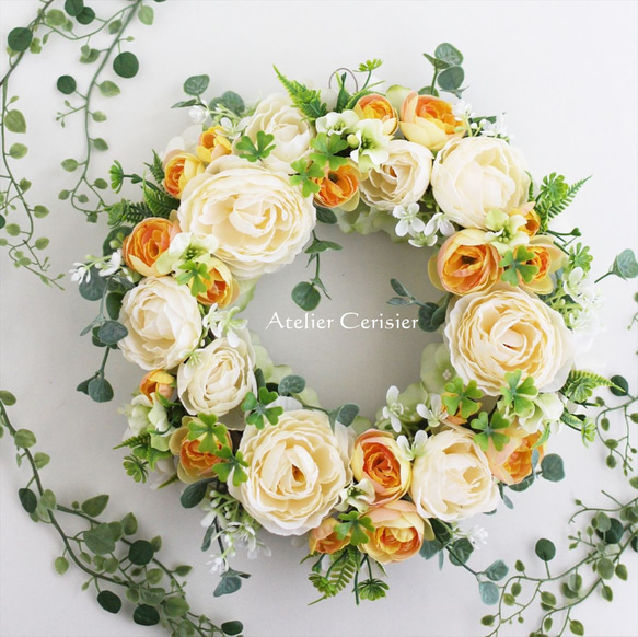 ハーフリース◇ラナンキュラスリース◇ナチュラル ラナンキュラスのナチュラルエレガント リース スワッグ spw-10