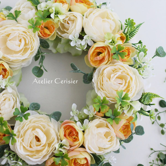 【早割】☆ラナンキュラス リース＜アーティフィシャルフラワー＞クリーム イエロー 30センチ 3枚目の画像