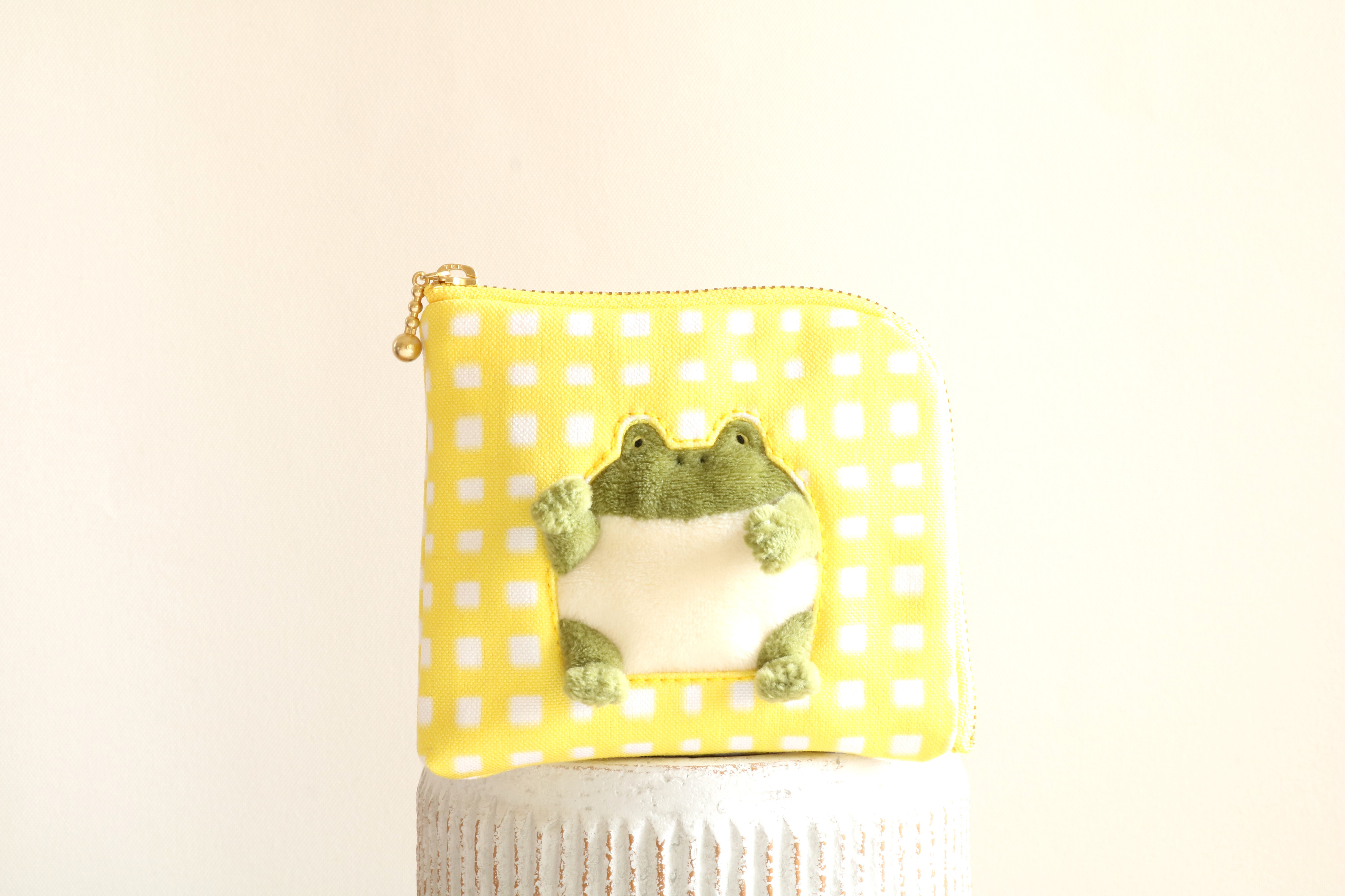 『またかえってきてケロ』カエルさんのL字お財布　(黄色　ギンガムチェック柄)