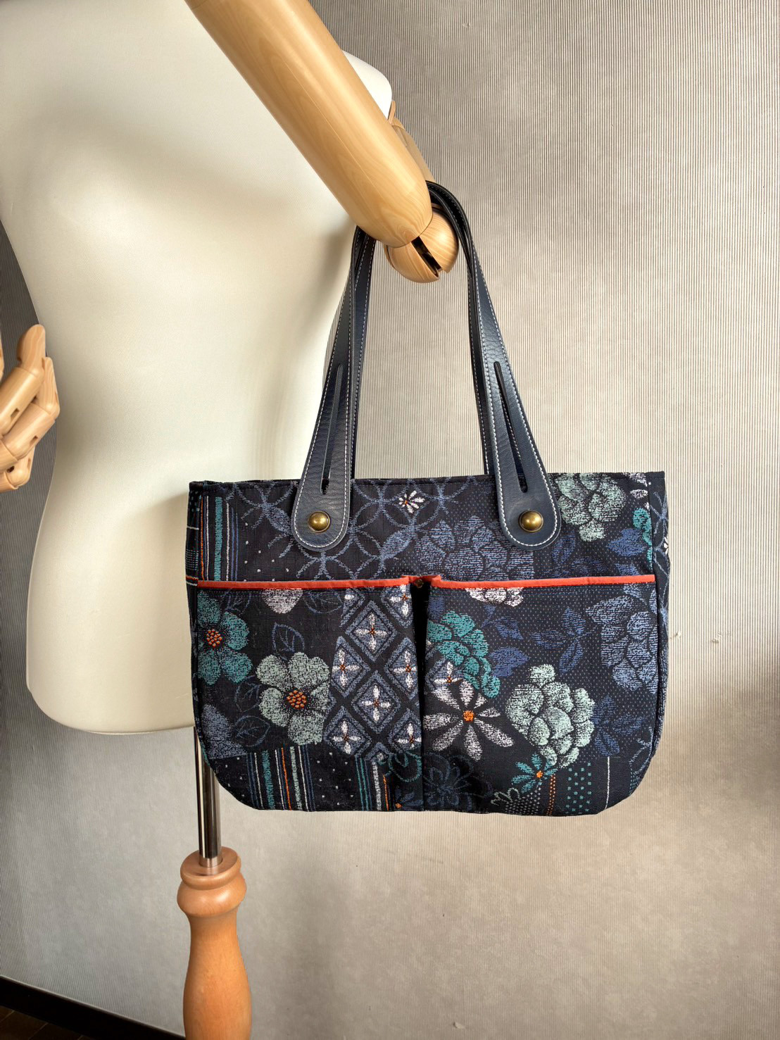 【Creema限定】大和かすり風ビッグポケットのトートバッグ