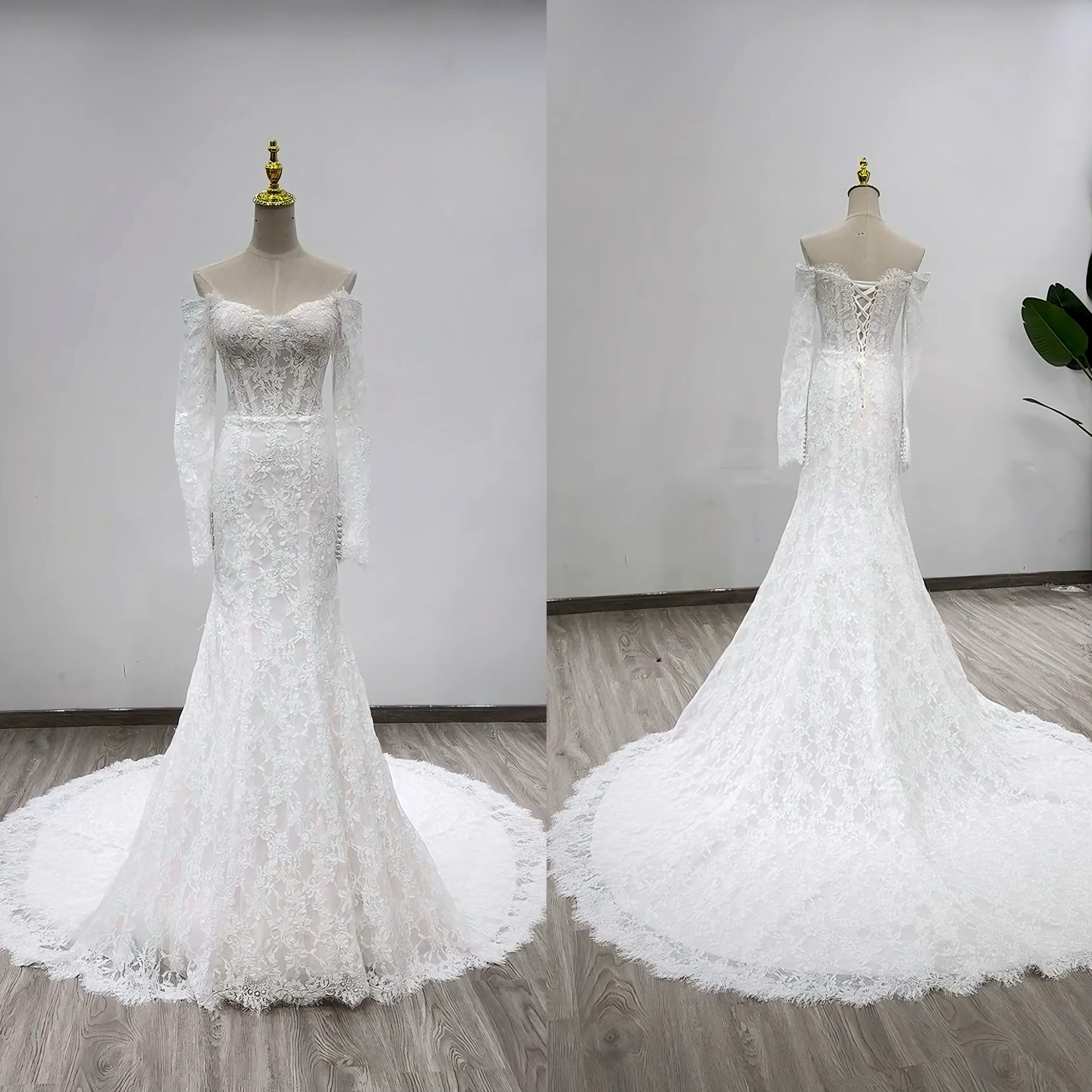 シアーな美しさ！スレンダーライン花柄のモチーフ刺繍が美しく　フラワー結婚式挙式オフショルダー　編み上げ立体小花レース刺繍