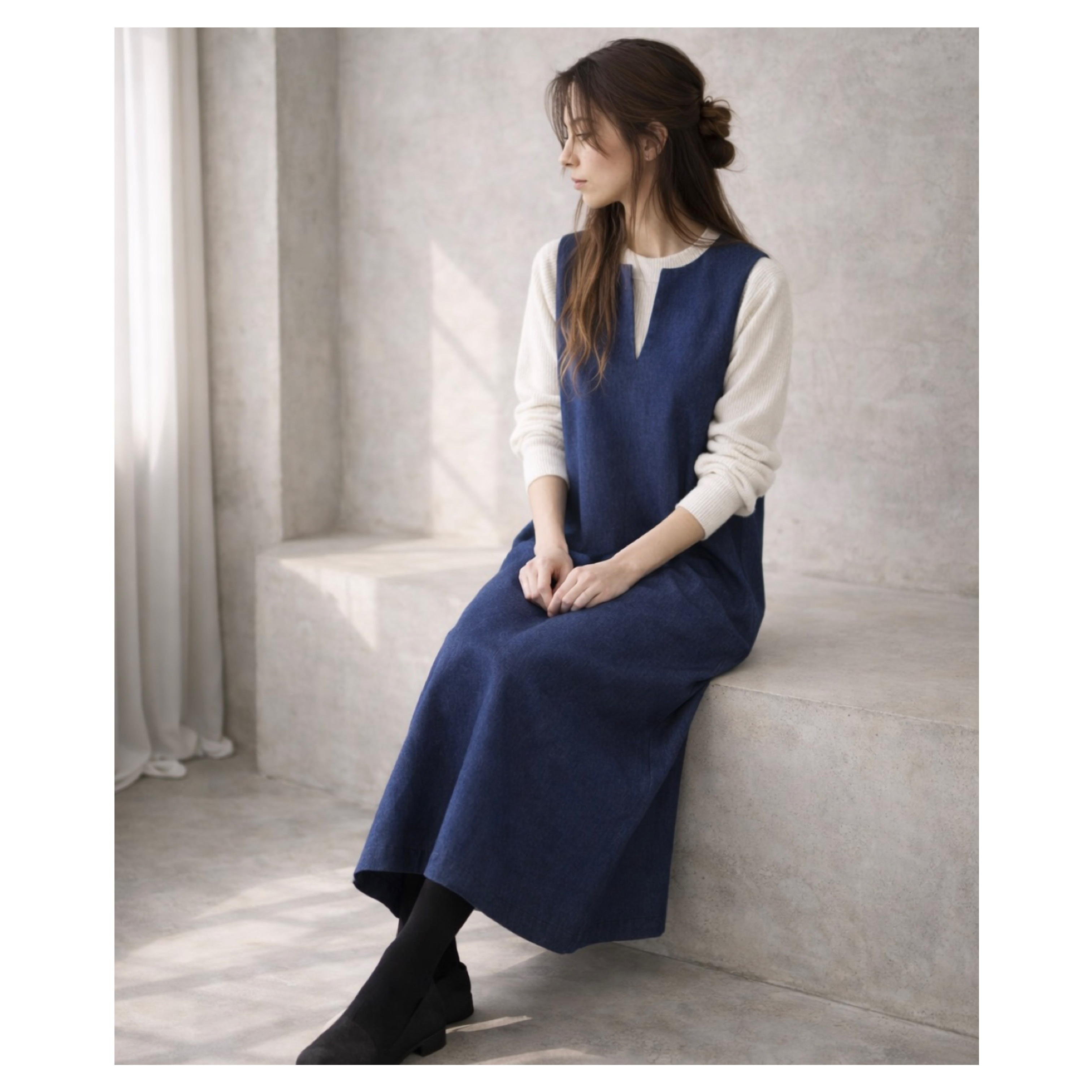 岡山児島デニムジャンパースカート／9オンススーパーストレッチ／デニムワンピース／スラッシュネック／ブルー／インディゴ