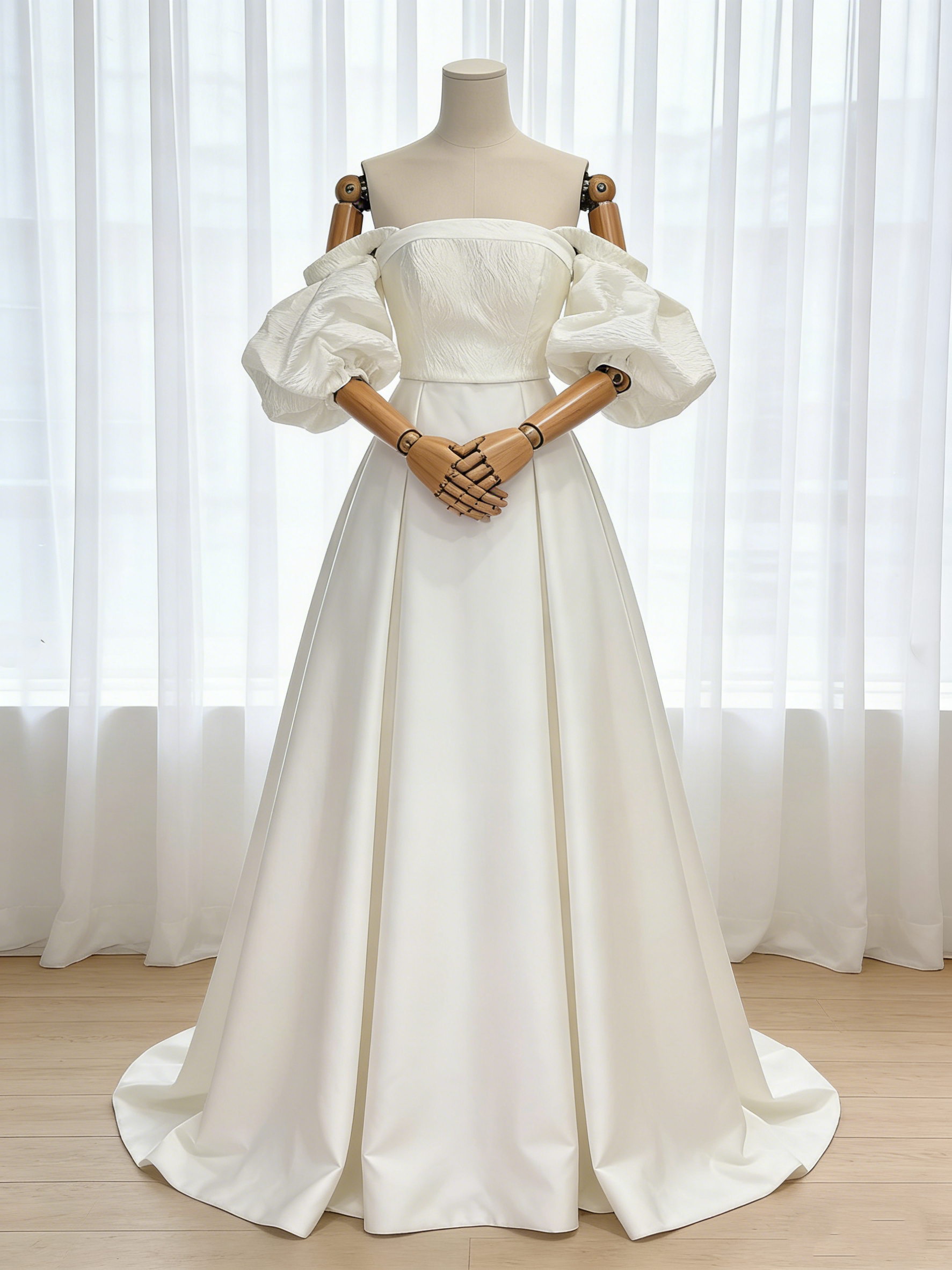 送料無料！ウエディングドレス パフスリーブドレス 光沢サテン ジャガード生地 Aライン 結婚式 2次会