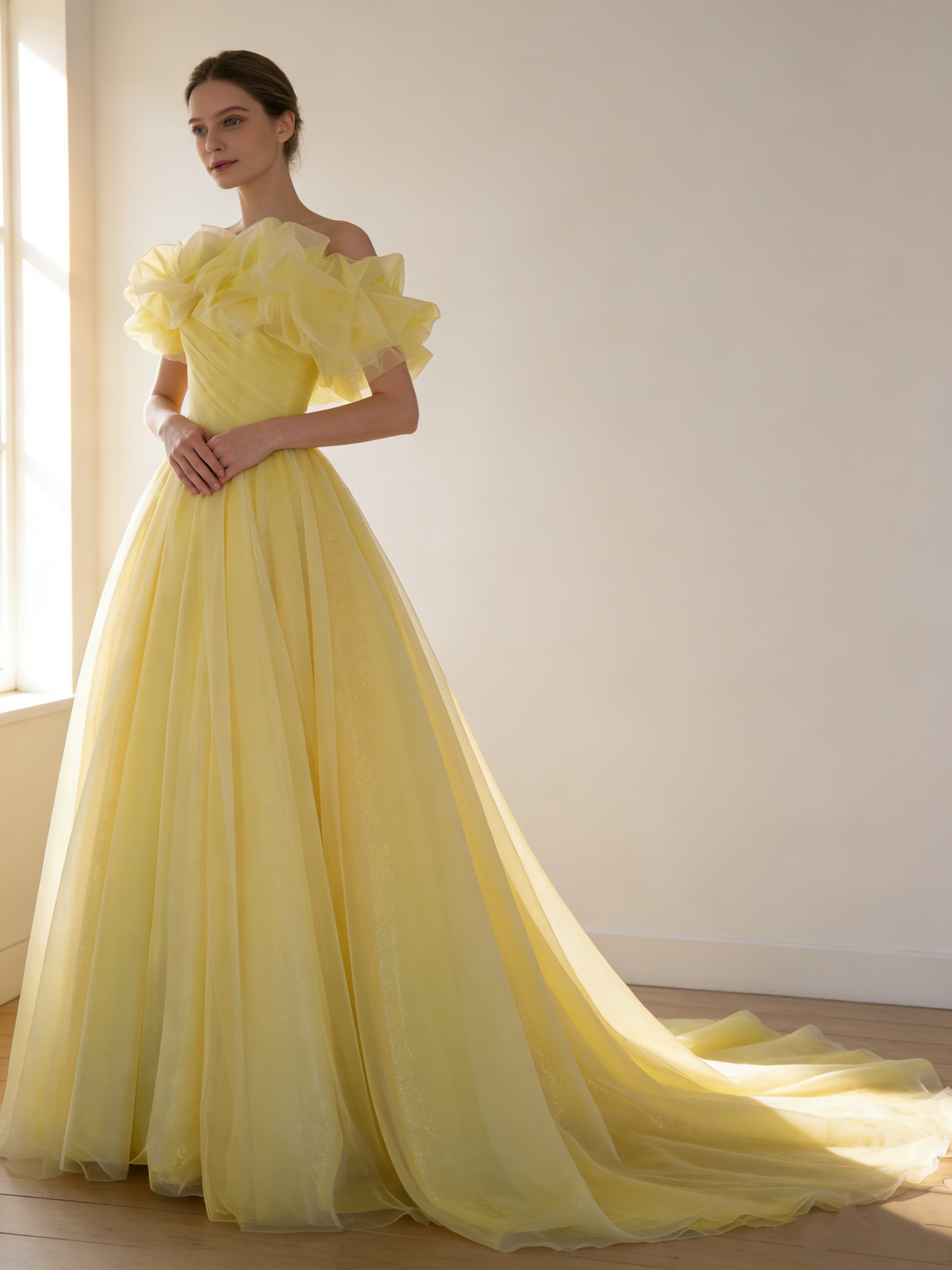 送料無料！カラードレス イエロー 取り外し可能なオフショルダー キラキラグリッターチュール Aライン 結婚式 エアリー感