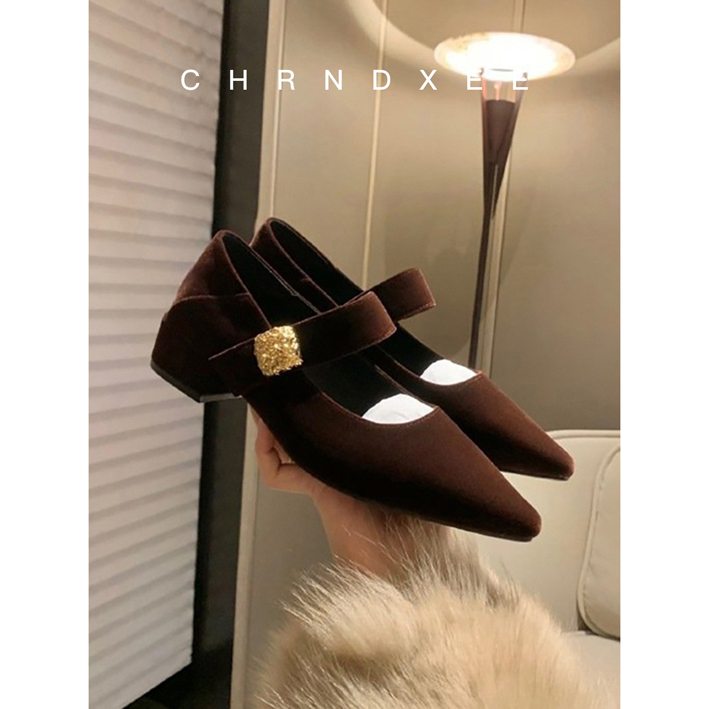 フレンチシャープトゥ ベロアメリージェーン メタルバックル ブロックヒール レディース22.5-25cm#1346