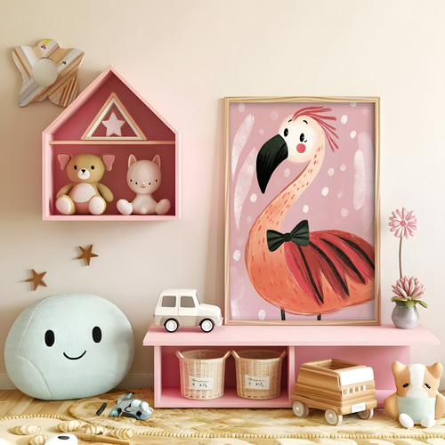 キッズポスター 鳥 フラミンゴ 動物 やさしい 明るい 楽しい 北欧風