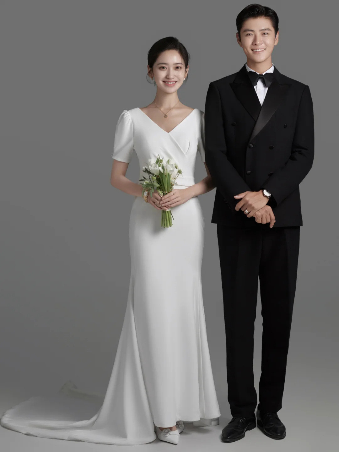 韓国風 白 サテン パフスリーブ Vネック ウェディングドレス シンプル 花嫁 パーティー 披露宴 前撮り HL1198