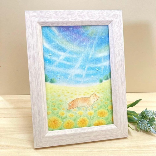 風景画 花畑 たんぽぽ 猫 パステル アート 絵画 可愛い 春 原画 青空