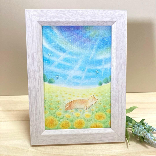 風景画 花畑 たんぽぽ 猫 パステル アート 絵画 可愛い 春 原画 青空