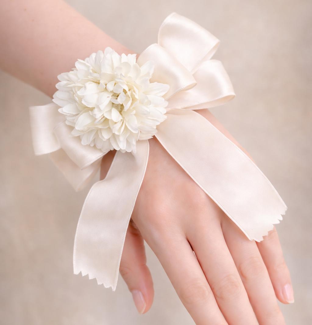 白い花とリボンのブレスレット ＊ウエディング／特別な日のために