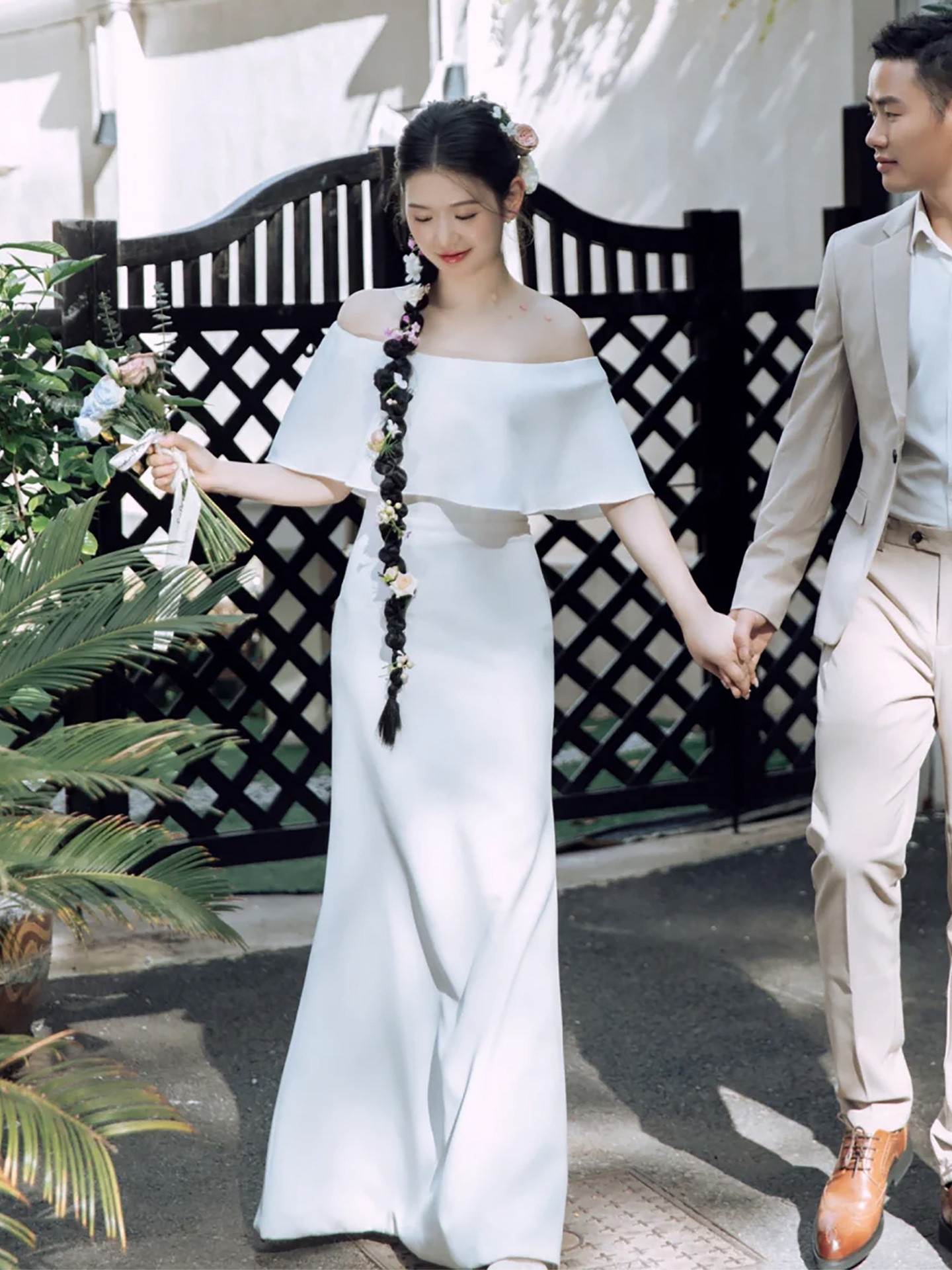 高級感 白 オフショルダー マーメイドドレス ウェディングドレス シンプル 韓国風 花嫁 披露宴 前撮り HL1204