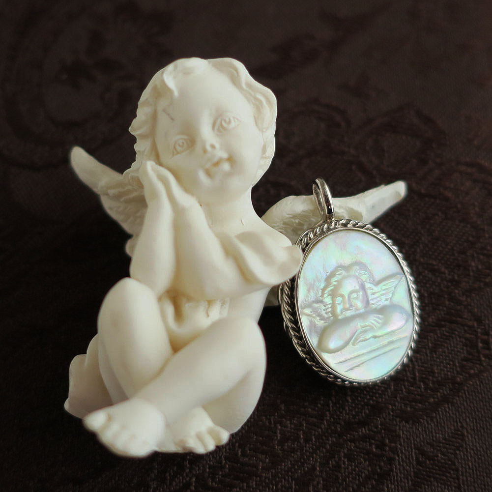 新作2026＊白蝶貝 シルバー×天然石ペンダント｜天使 フクリン 鏡面 乳白色｜フォーマル・縁起もの・ギフト