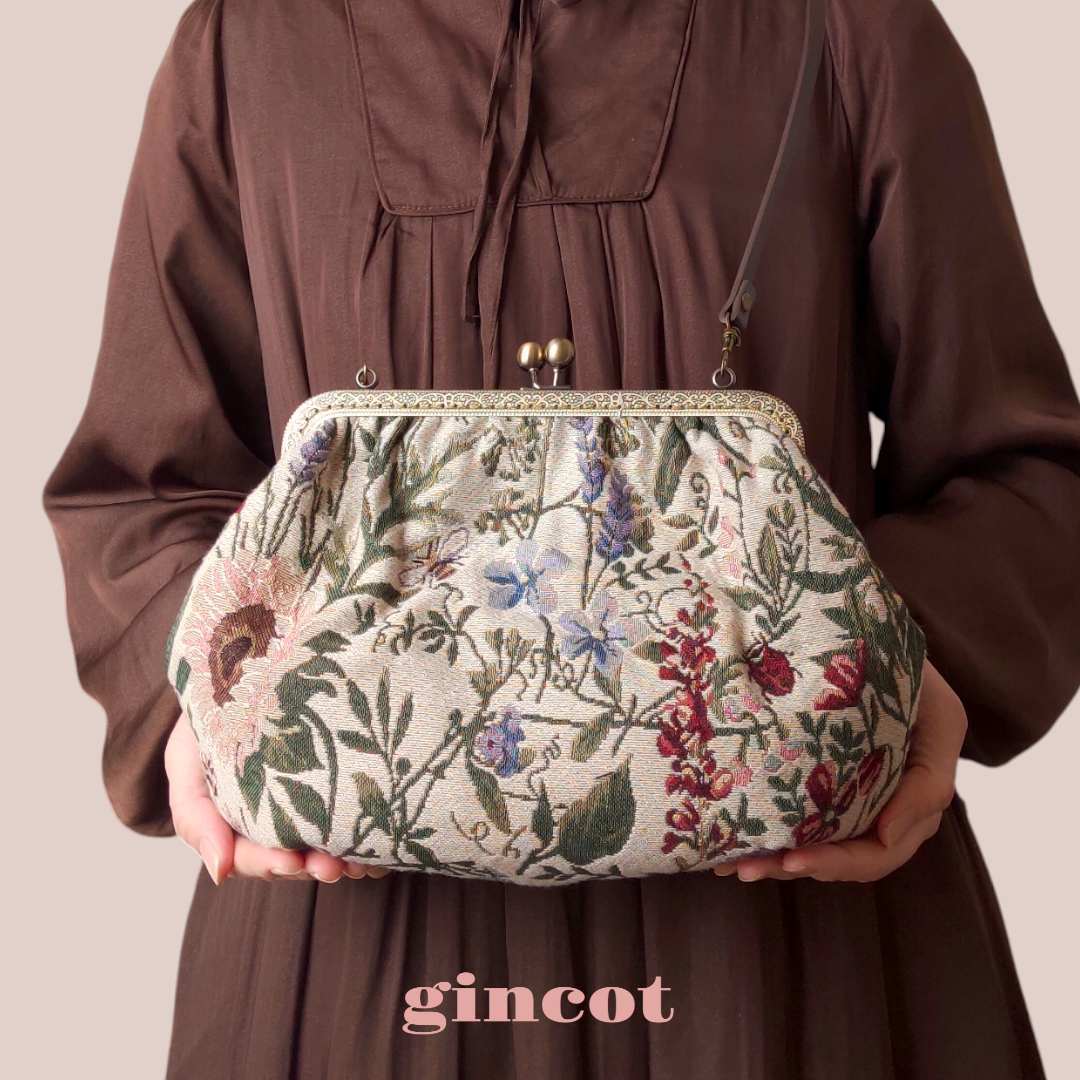 【送料無料】レトロボタニカル　ゴブラン織り がま口バッグ