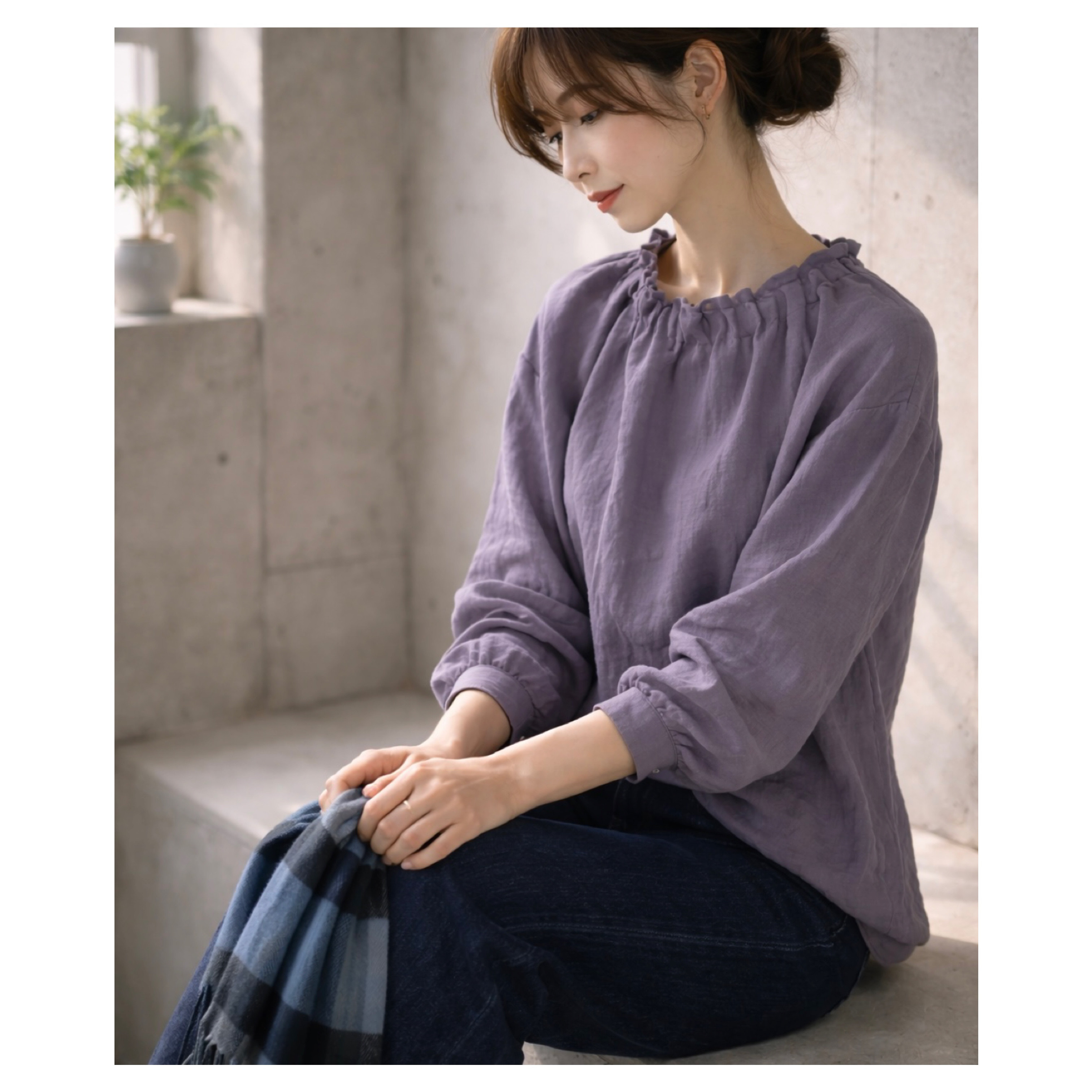 こだわりリネンギャザーブラウス／くったり柔らか上質なベルギーリネンギャザーブラウス／シャビーパープル