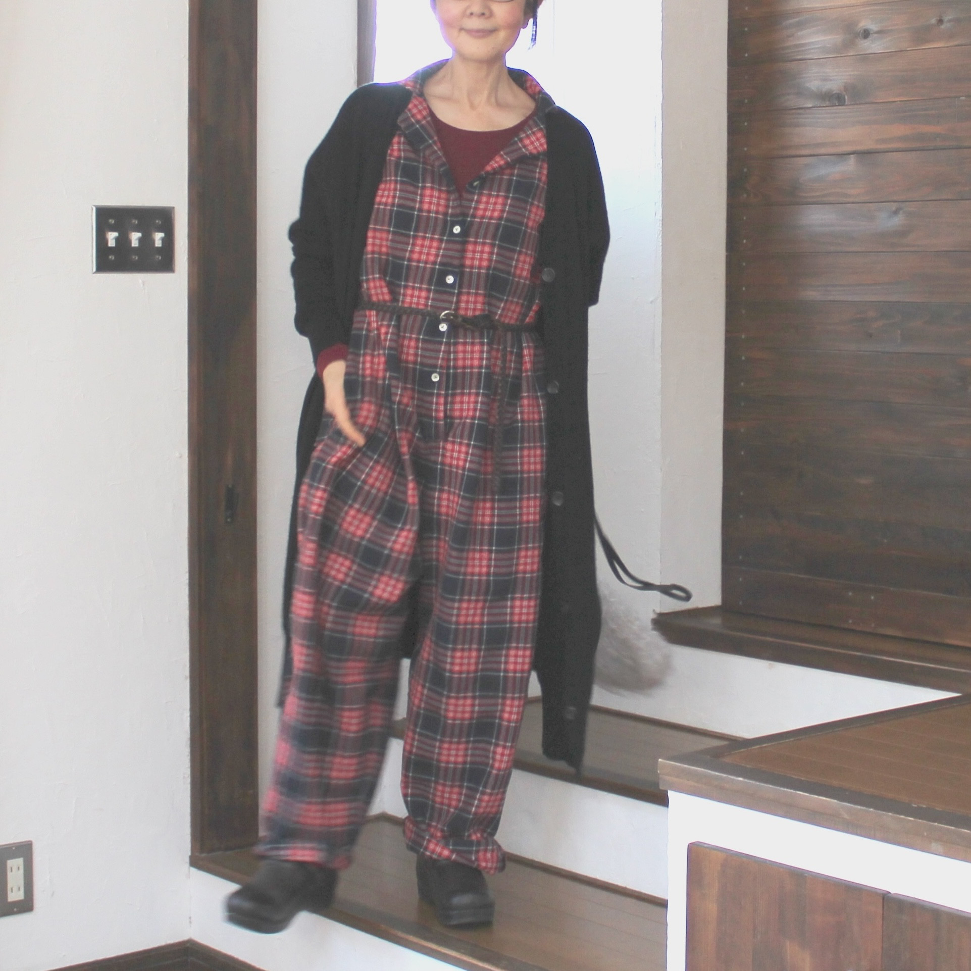 ウールコットン　シャルルー　ノースリーブオールインワン　ブルージュチェック