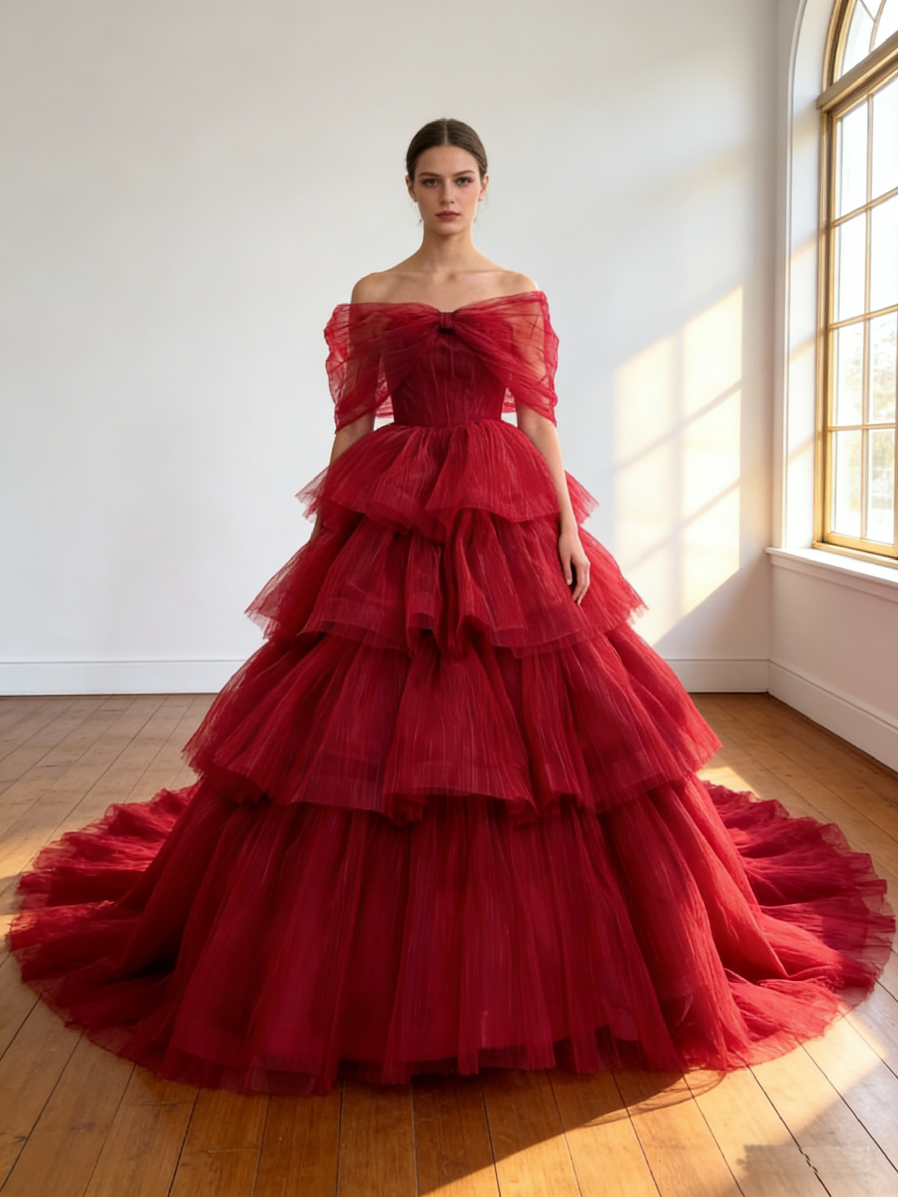 カラードレス ボルドー色   オフショルダー  ソフトチュール  華やかなトレーン   編み上げ  花嫁