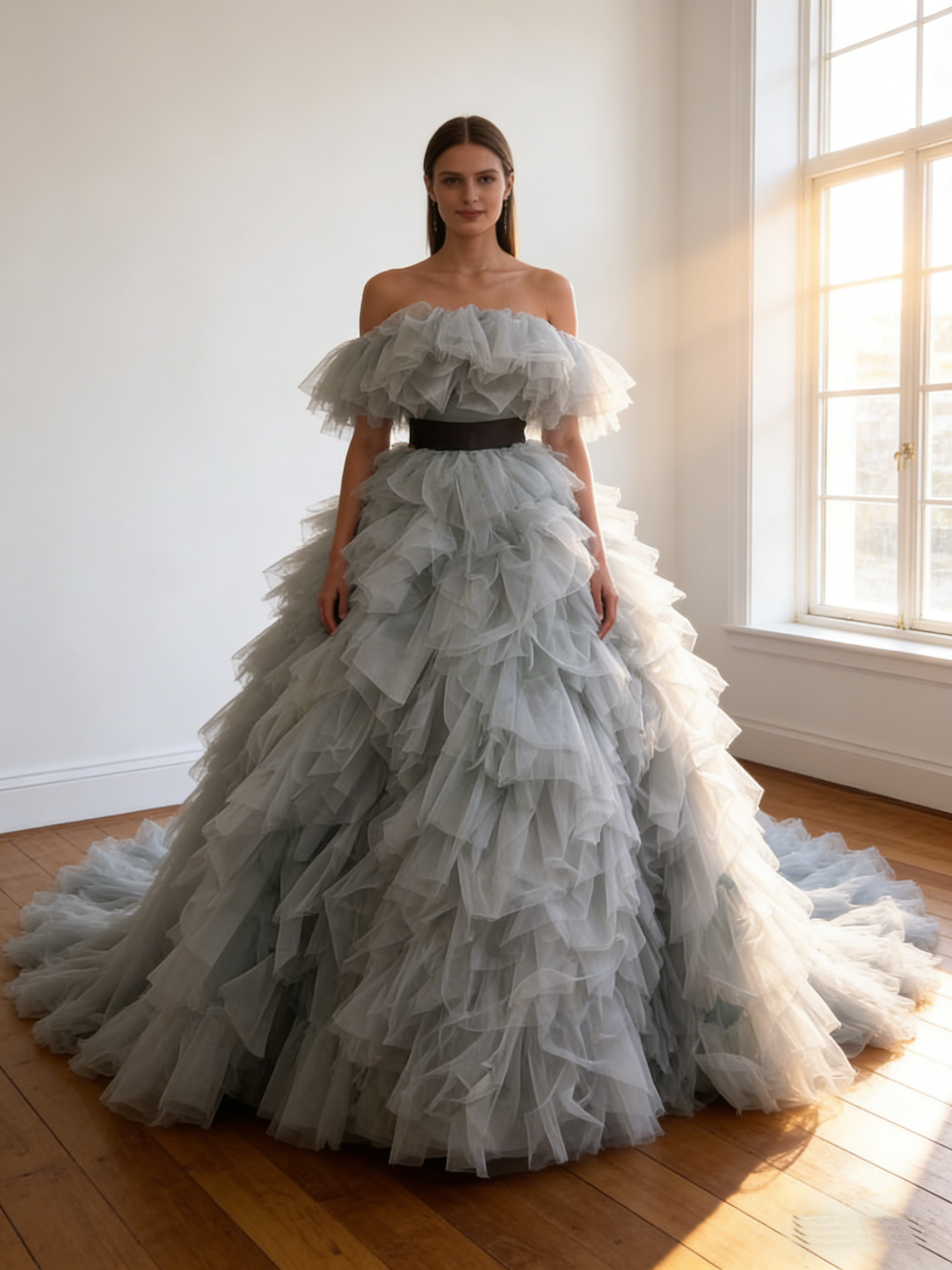 カラードレス  ブルーグレー  オフショルダー  サッシュベルト   編み上げ 華やかなトレーン ボリュームドレス花嫁