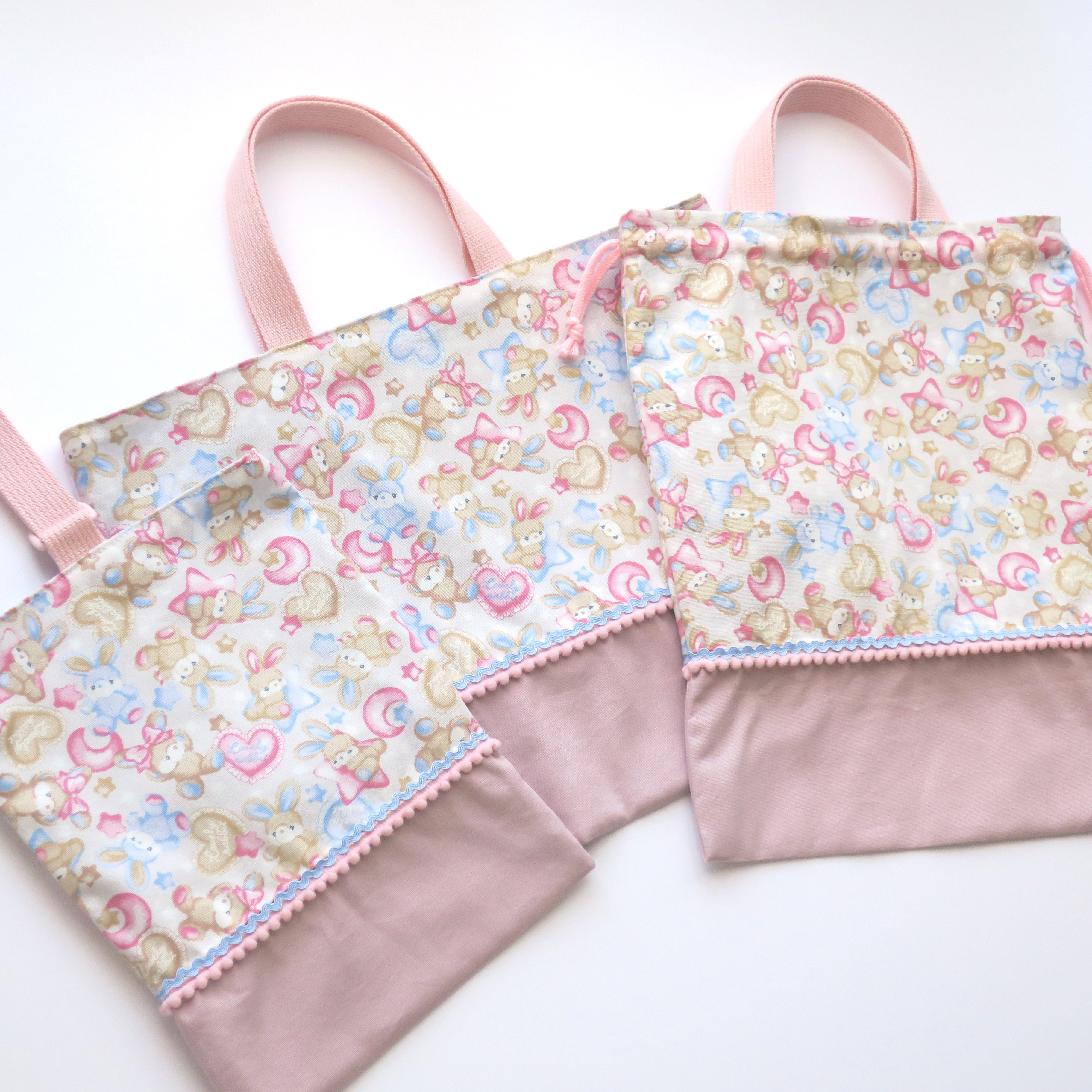 うさぎ×ハート星月⭐️【入園入学3点セット】レッスンバッグ・上履き入れ・お着替え袋【ピンク×水色】