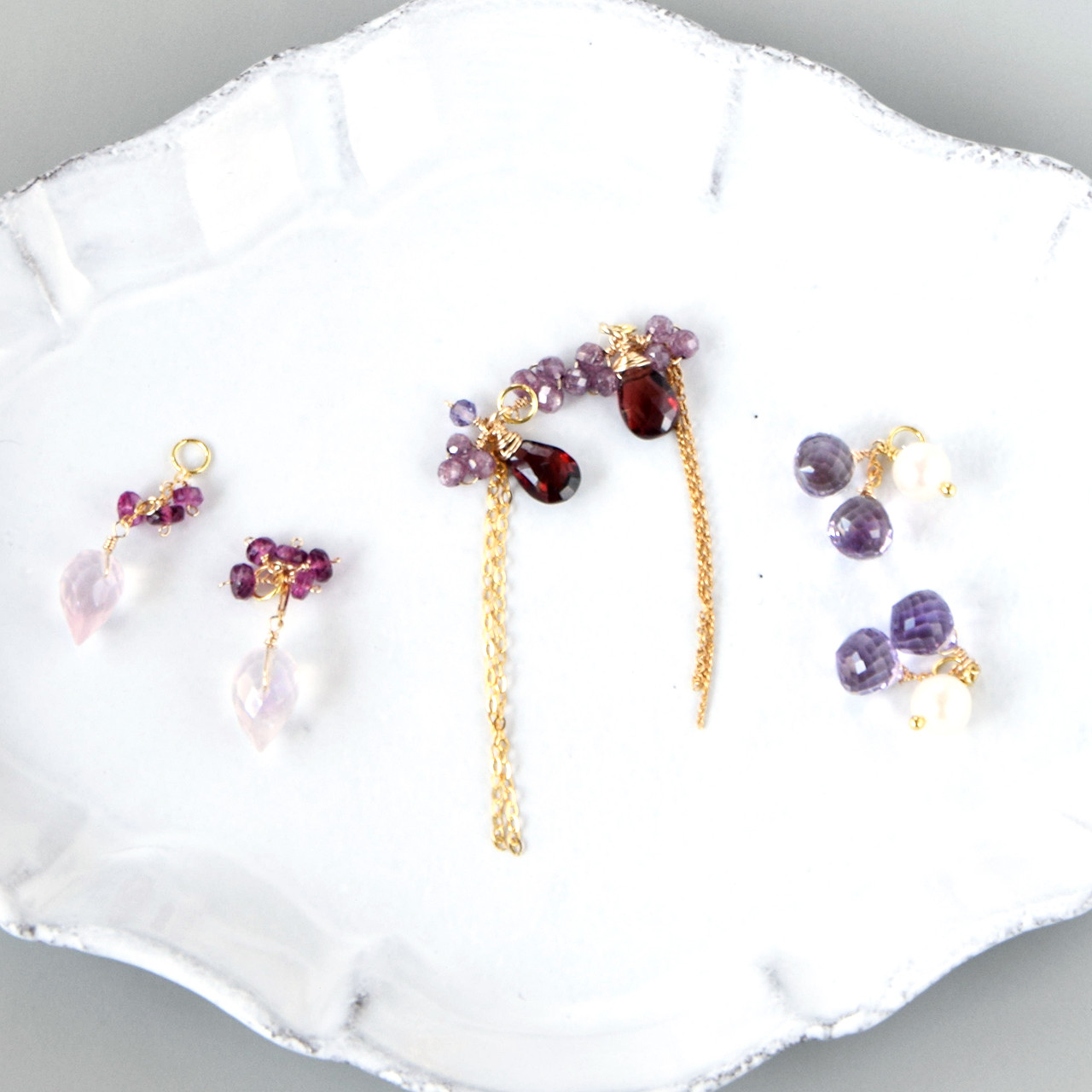 14kgf花雫の余韻 Pink Amethyst / Garnet / Rose Quartz 3種イヤーチャームセット