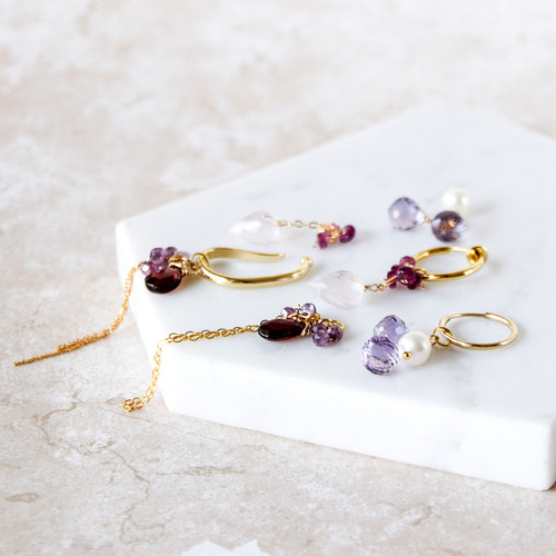 14kgf花雫の余韻 Pink Amethyst / Garnet / Rose Quartz 3種イヤー