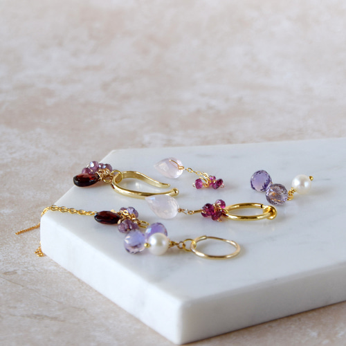14kgf花雫の余韻 Pink Amethyst / Garnet / Rose Quartz 3種イヤー